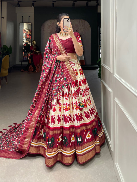 Off-White Tussar Silk Patola Print Semi Stitched Lehenga Choli