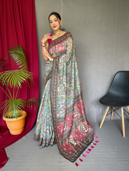 Off-White Pure Malai Cotton Traditional Digital Print Saree