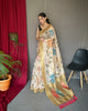 Off White-Golden Pure Chanderi Floral Kantha Silk Saree