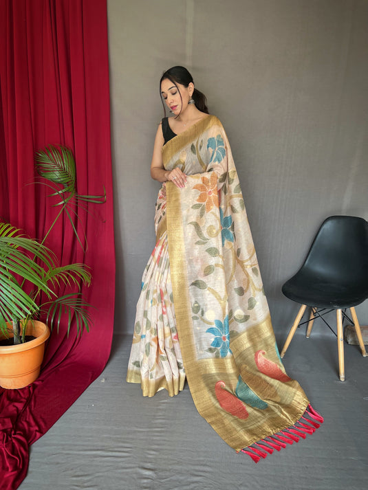 Off White-Golden Pure Chanderi Floral Kantha Silk Saree