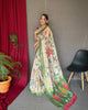 Off White-Green Pure Chanderi Floral Kantha Silk Saree