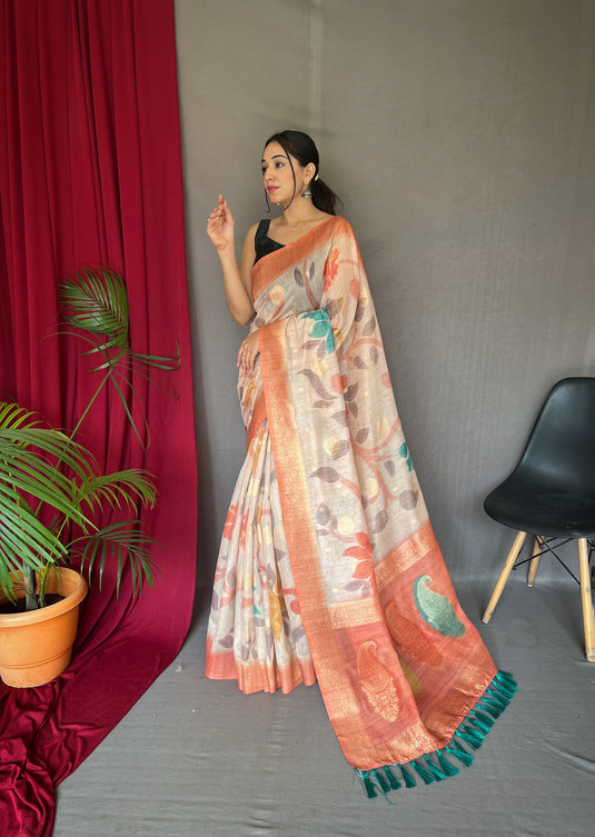 Off White-Orange Pure Chanderi Floral Kantha Silk Saree