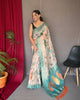 Off White-Sky Blue Pure Chanderi Floral Kantha Silk Saree