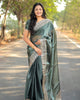 Olive Green Designer Burberry Silk Heavy Thread Embroidered Saree