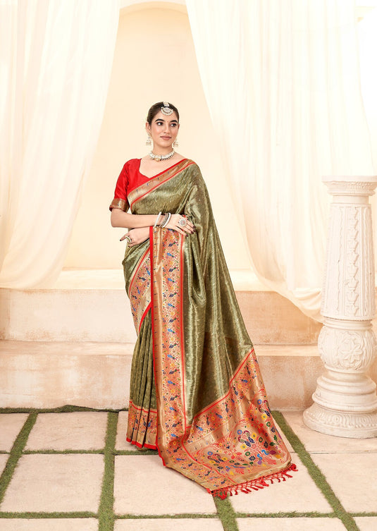 Olive Green Pure Handloom Zari Weaving Traditional Saree