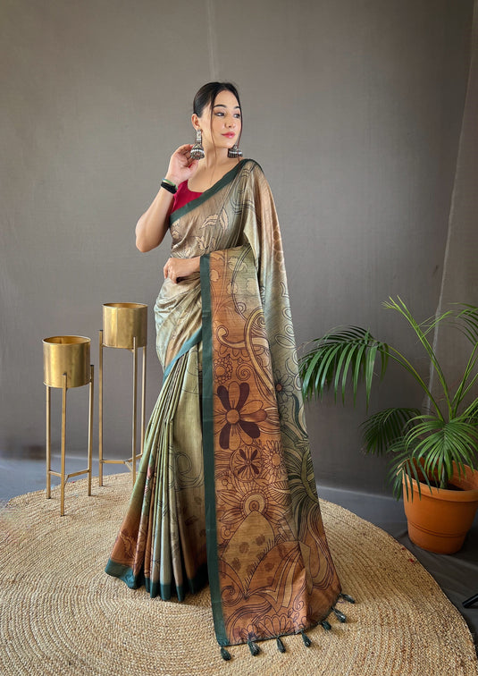 Olive green satin cotton kalamkari digital printed saree