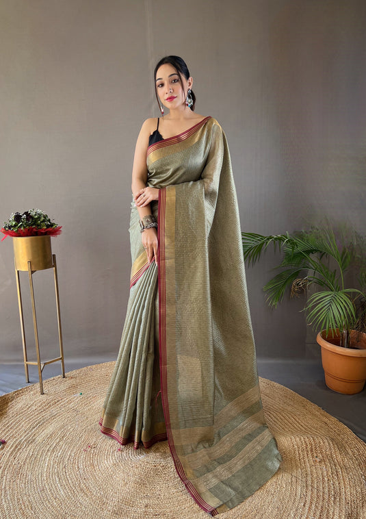 Olive Green Soft Silk Zari Check Weaving Design Saree