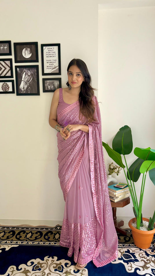 Onion Pink Latest Heavy Georgette Sequence Embroidered Work Saree