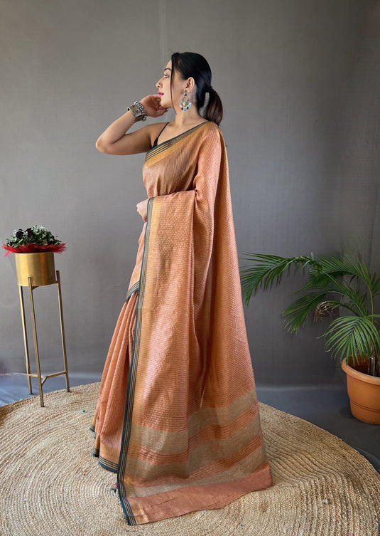 Orange Soft Silk Zari Check Weaving Design Saree