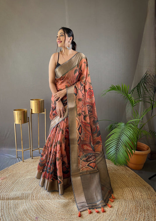 Orange pure tussar silk kalamkari digital printed saree