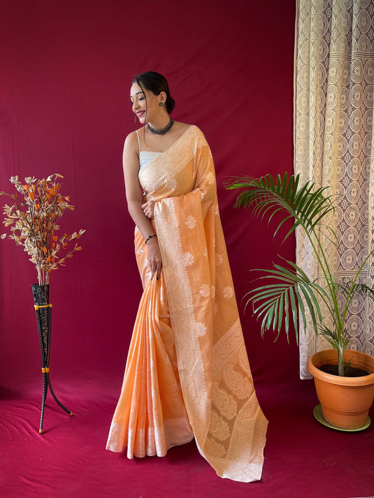 Orange Pure Linen Lucknowi Weaving Saree