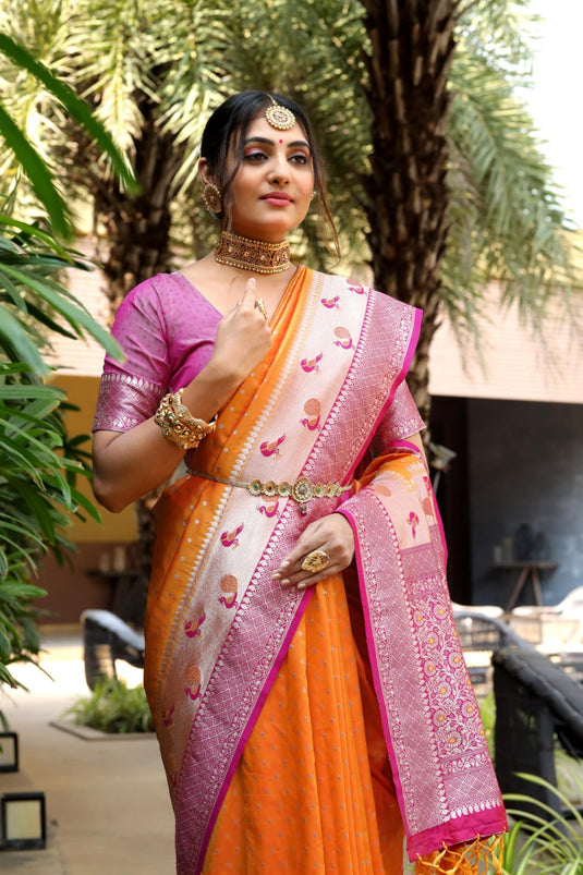 Orange Banarasi Soft Silk Zari Weaving Paithani Saree With Beautiful Contrast Peacock Border