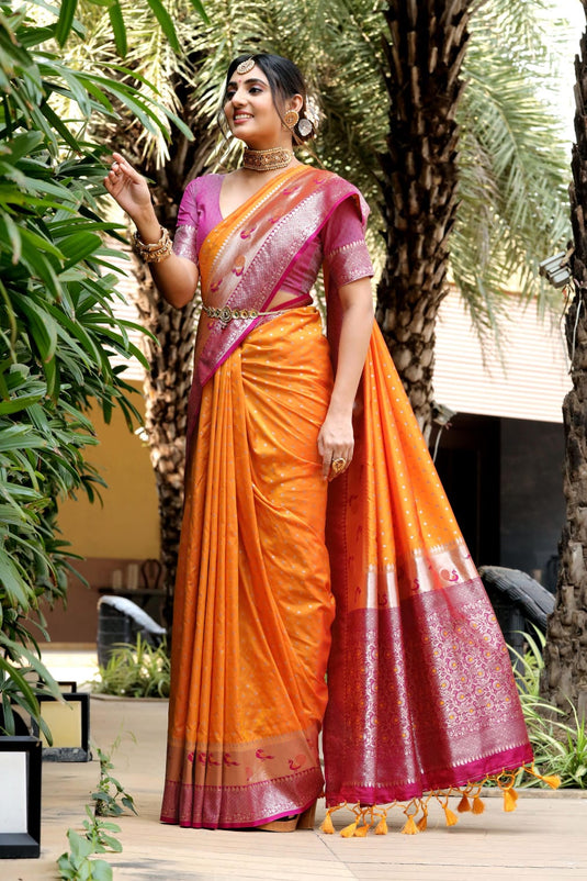 Orange Banarasi Soft Silk Zari Weaving Paithani Saree With Beautiful Contrast Peacock Border