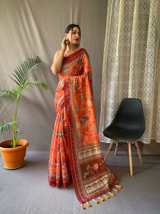 Orange Malai Cotton Kalamkari Print Saree