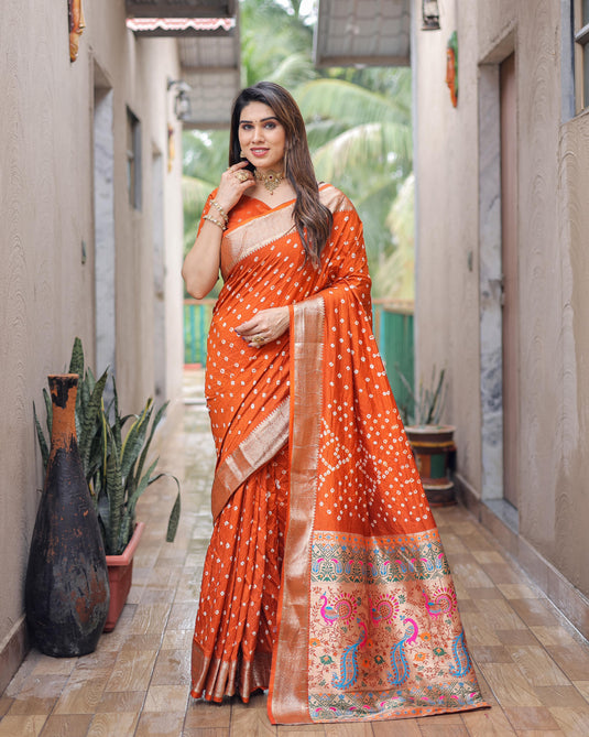 Orange Premium Dola Silk Traditional Bandej Saree With Zari Weaving Border