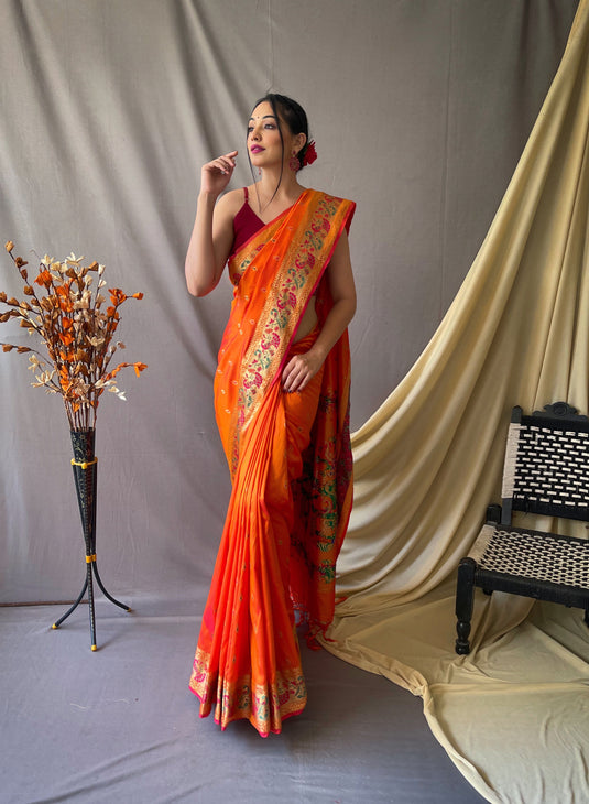 Orange Paithani Soft Silk Peacock Motif Saree