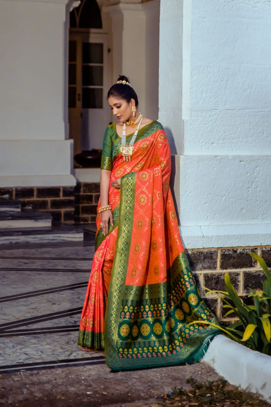 Orange Banarasi Soft Silk Patola Zari Weaving Pattern Saree