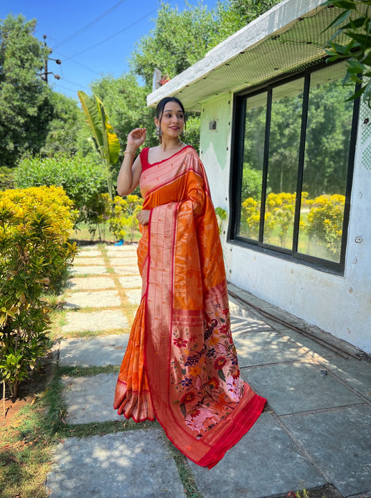 Orange Traditional Pure Soft Paithani Silk Zari Weaving Saree