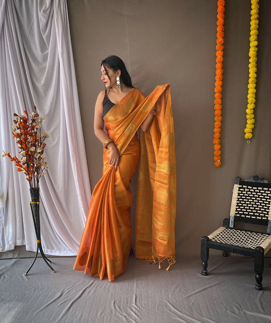 Orange Classic Tissue Silk Zari Weaving With Mango Border Saree