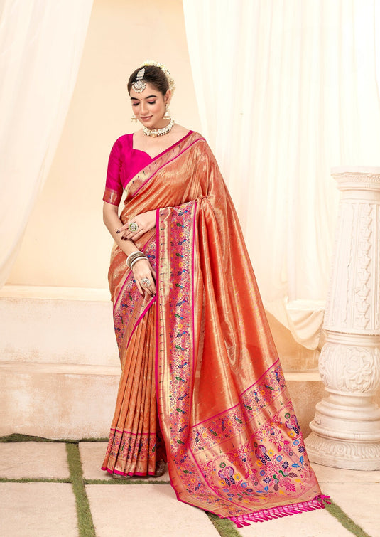 Orange Handloom Zari Weaving Traditional Saree