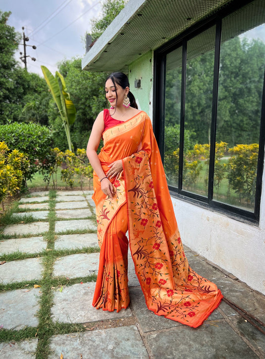 Orange Classic Pure Paithani Traditional Border Zari Weaving Saree