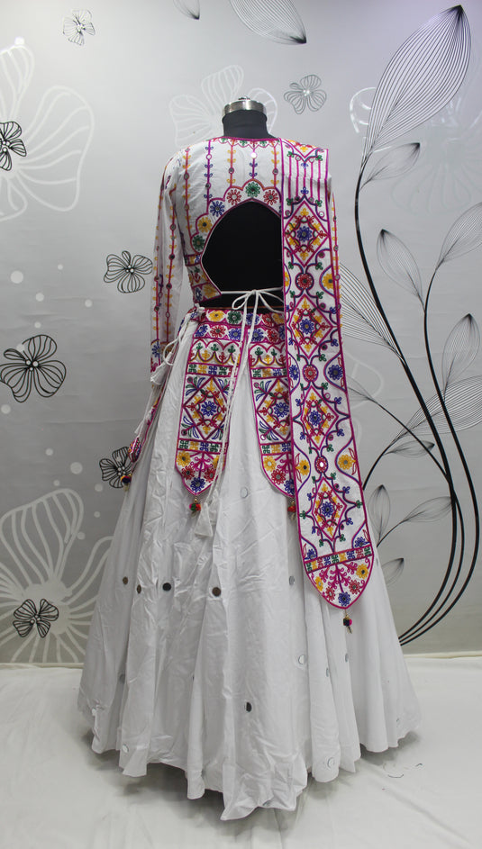 White Viscose Rayon Thread And Mirror Embroidered Fully Stitched Lehenga Choli