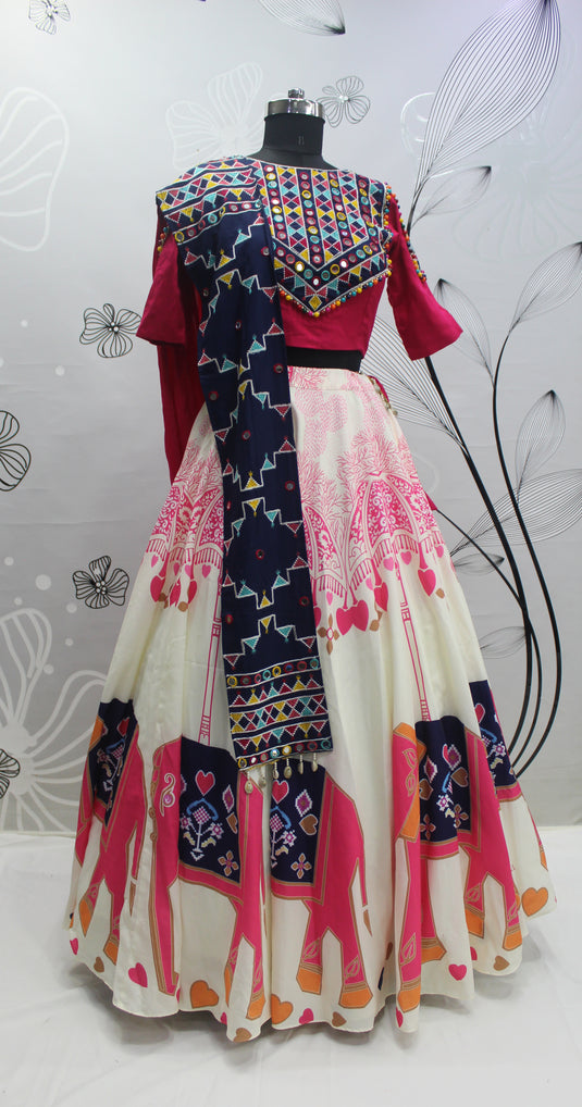 White-Pink Rayon Printed Semi Stitched Lehenga Choli