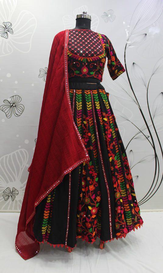 Black Viscose Rayon Thread Embroidered Semi Stitched Lehenga Choli