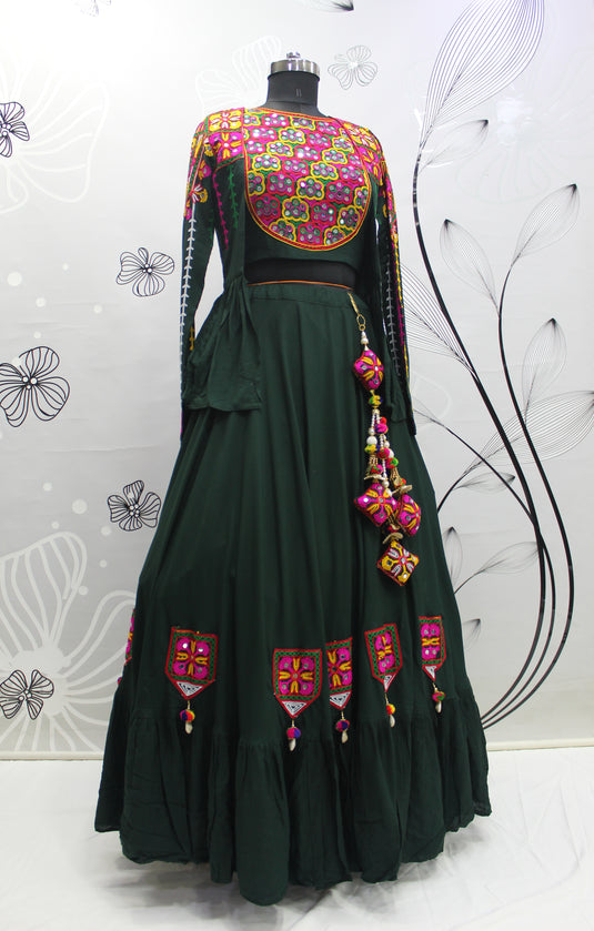 Bottle Green Viscose Rayon Thread And Mirror Embroidered Fully Stitched Lehenga Choli