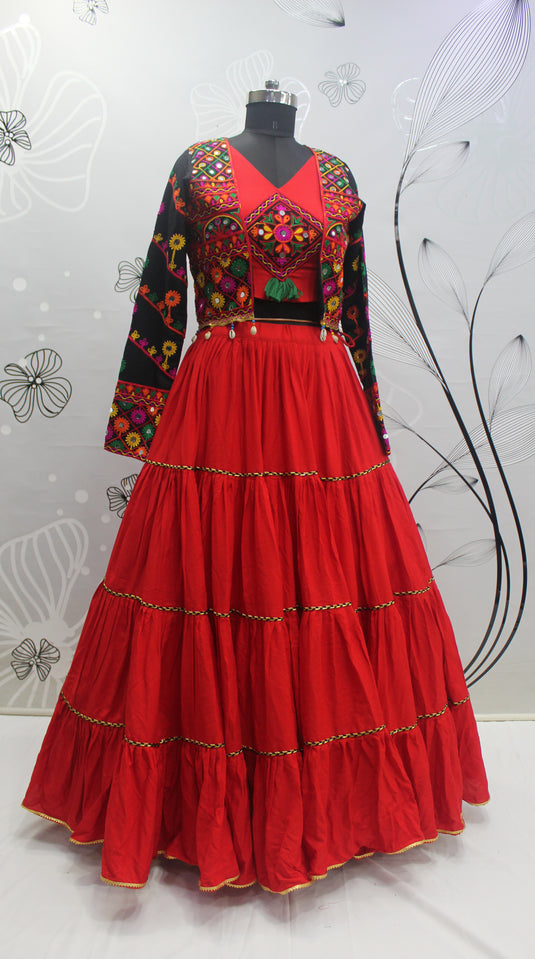 Red Viscose Rayon Thread And Mirror Embroidered Fully Stitched Lehenga Choli