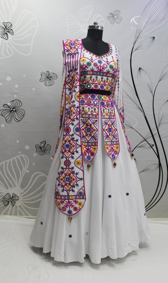 White Viscose Rayon Thread And Mirror Embroidered Fully Stitched Lehenga Choli