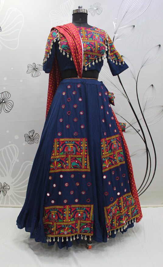 Blue Viscose Rayon Thread Embroidered Mirror Work Semi Stitched Lehenga Choli