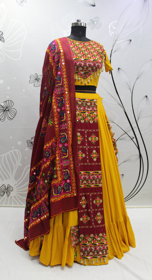 Yellow Viscose Rayon Embroidered Mirror Work Fully Stitched Lehenga Choli