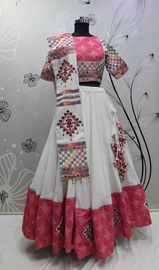 White Jacquard Cotton Thread Embroidered Mirror Work Semi Stitched Lehenga Choli