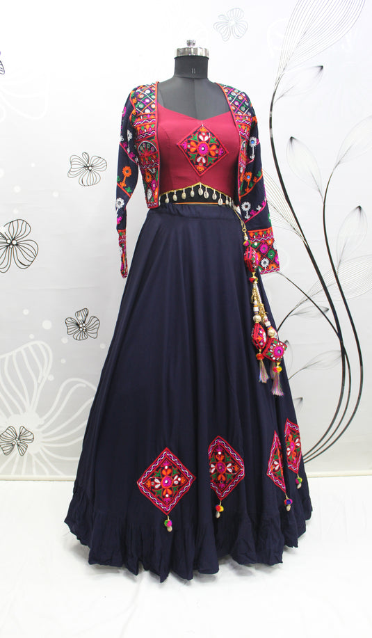 Navy Blue Viscose Rayon Thread And Mirror Embroidered Fully Stitched Lehenga Choli