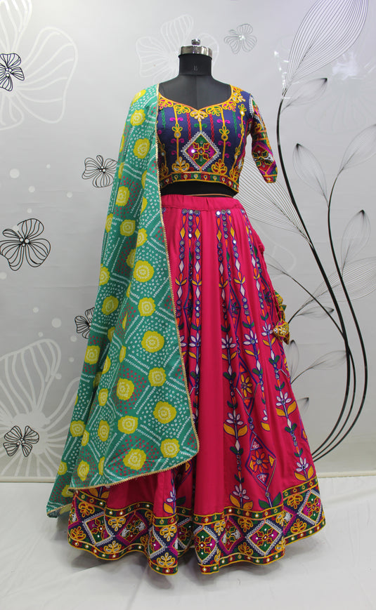 Blue-Pink Viscose Rayon Thread Embroidered Semi Stitched Lehenga Choli