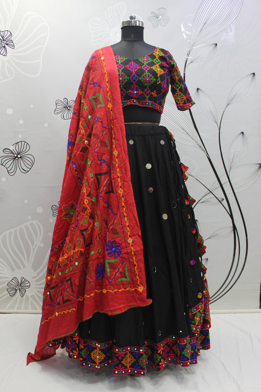 Black Viscose Rayon Thread Embroidered Semi Stitched Lehenga Choli