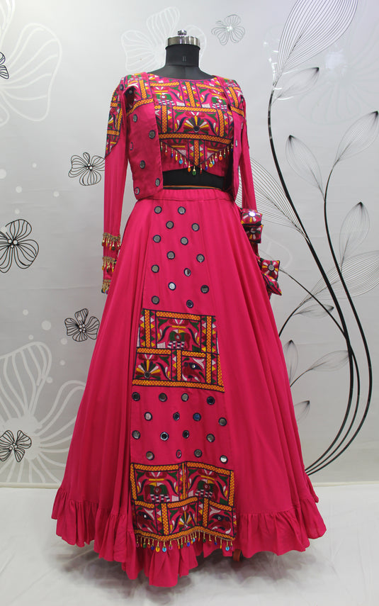 Pink Viscose Rayon Thread And Mirror Embroidered Fully Stitched Lehenga Choli