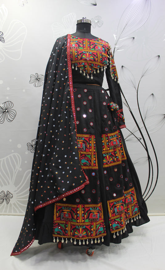 Black Viscose Rayon Embroidered Mirror Work Fully Stitched Lehenga Choli