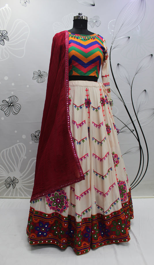 White Viscose Rayon Thread Embroidered Semi Stitched Lehenga Choli