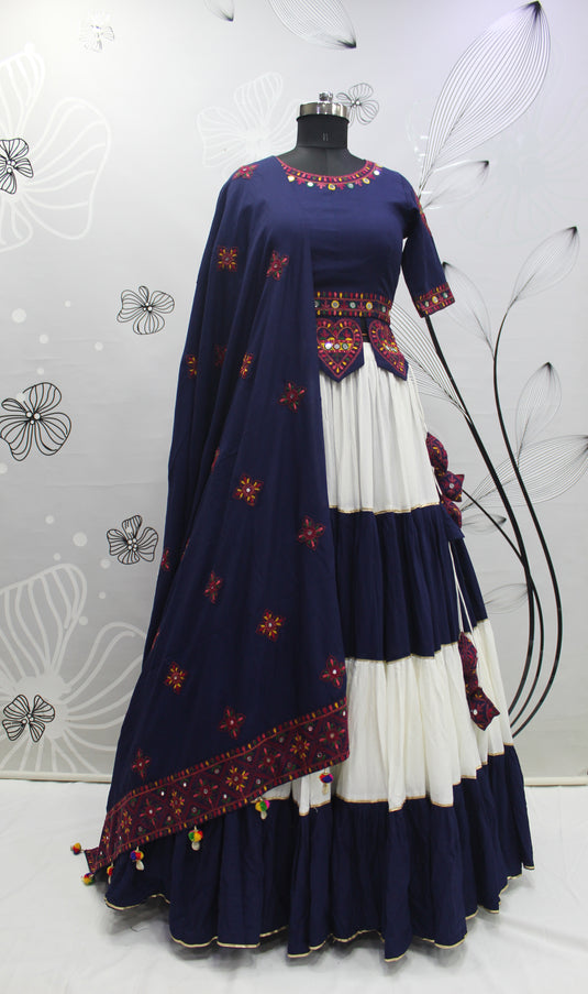 Navy Blue-White Viscose Rayon Embroidered Fully Stitched Lehenga Choli