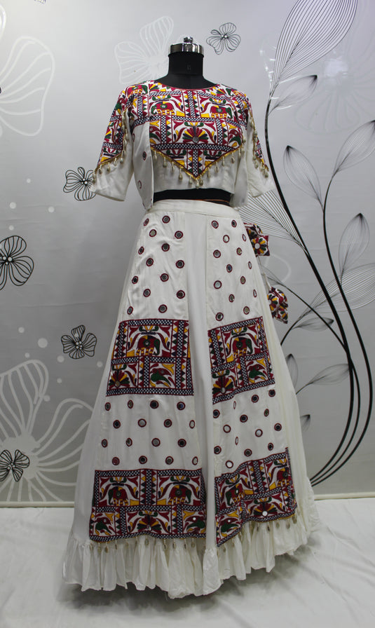 White Viscose Rayon Thread And Mirror Embroidered Fully Stitched Lehenga Choli