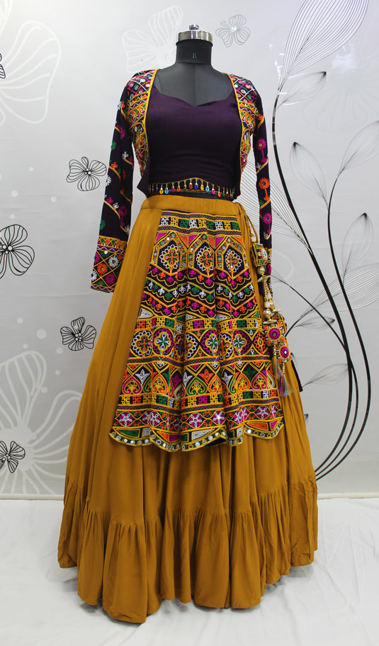 Purple-Yellow Viscose Rayon Thread And Mirror Embroidered Fully Stitched Lehenga Choli