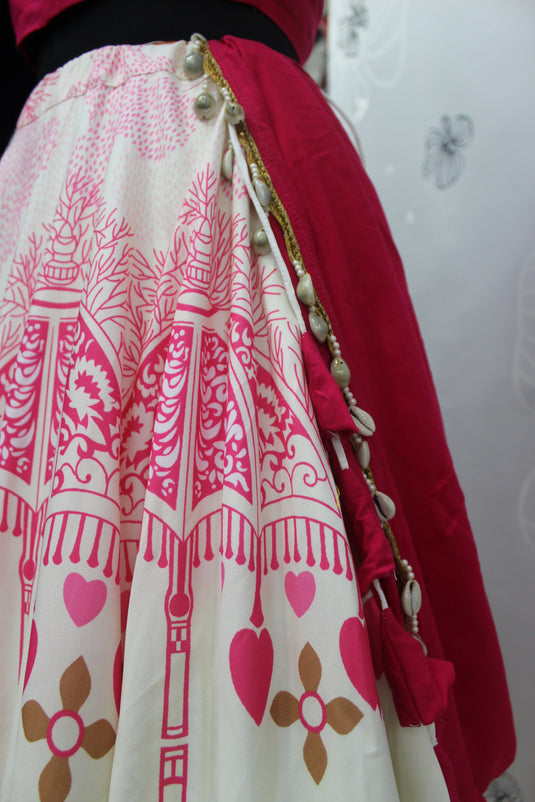 White-Pink Rayon Printed Semi Stitched Lehenga Choli