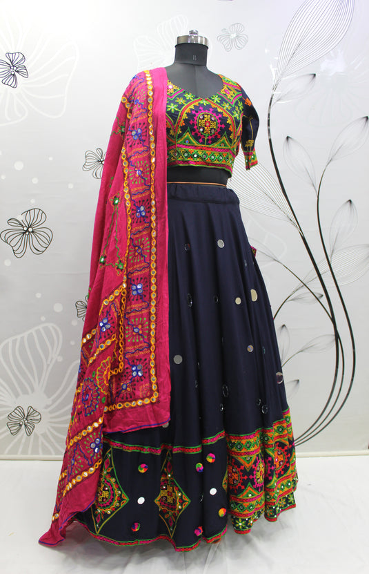 Navy Blue Viscose Rayon Thread Embroidered Multi Work Semi Stitched Lehenga Choli