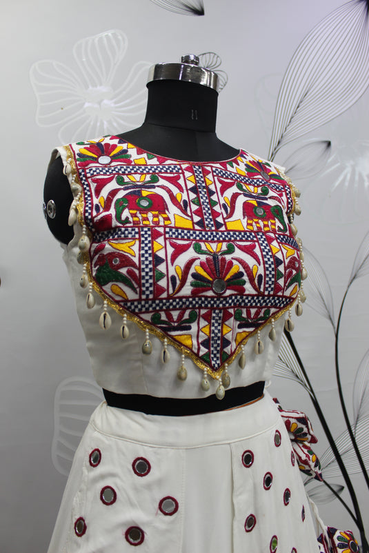 White Viscose Rayon Thread And Mirror Embroidered Fully Stitched Lehenga Choli