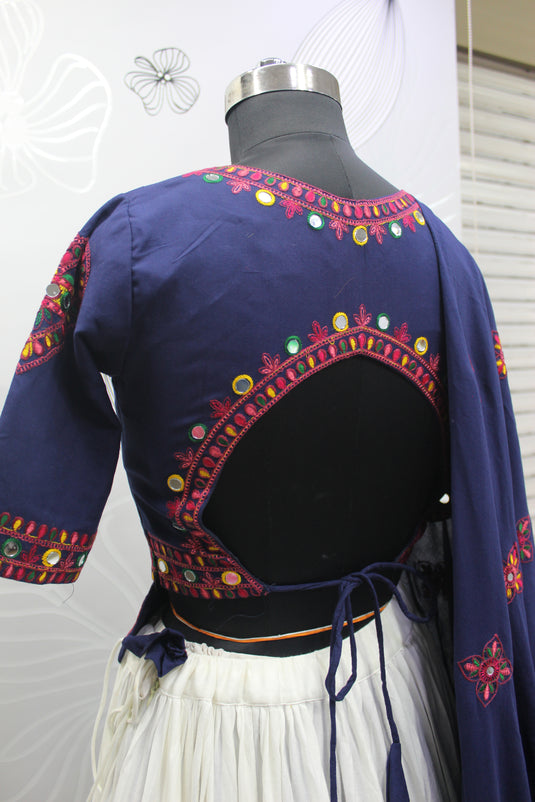 Navy Blue-White Viscose Rayon Embroidered Fully Stitched Lehenga Choli