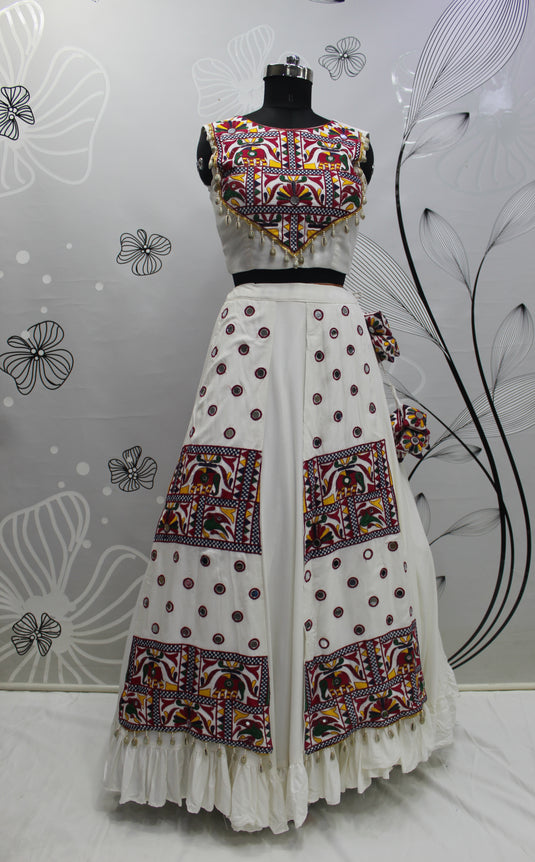 White Viscose Rayon Thread And Mirror Embroidered Fully Stitched Lehenga Choli