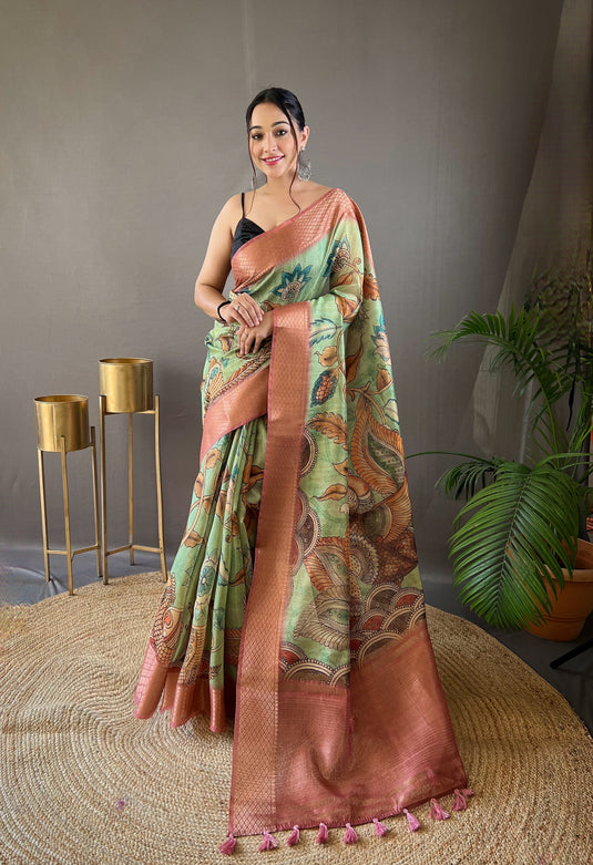 Parrot Green Pure Tussar Silk Handprinted Kalamkari Print Saree