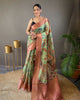 Parrot Green pure tussar silk kalamkari printed zari weaving border saree